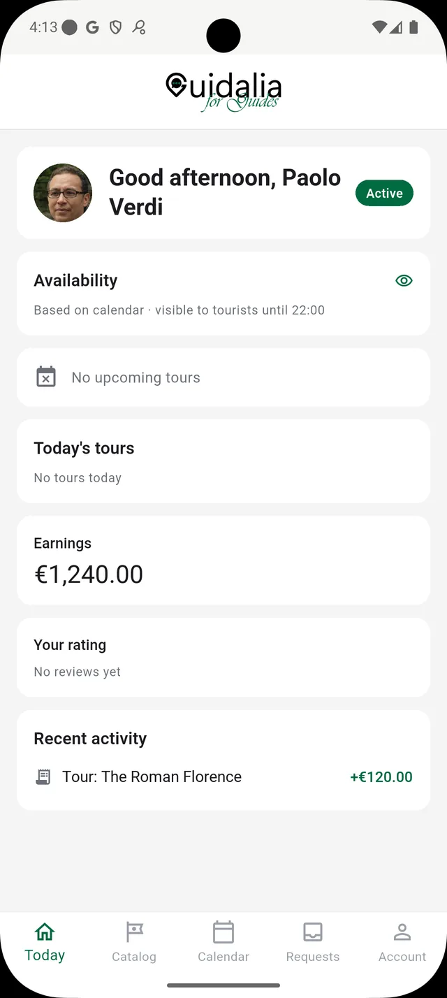 Today screen with availability and earnings