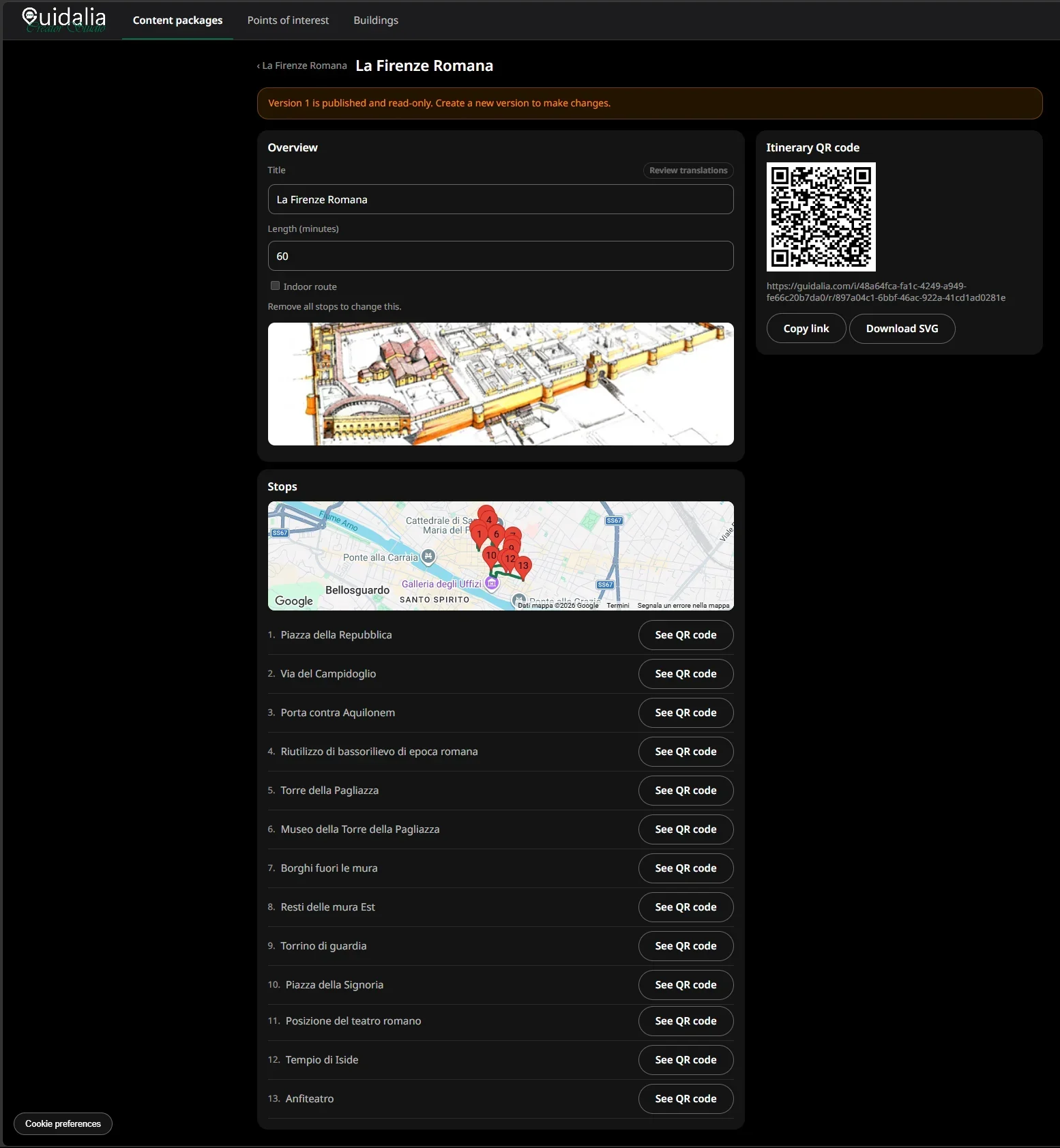 Creator Studio showing a published walking itinerary, with its overview, itinerary QR code and the list of stops