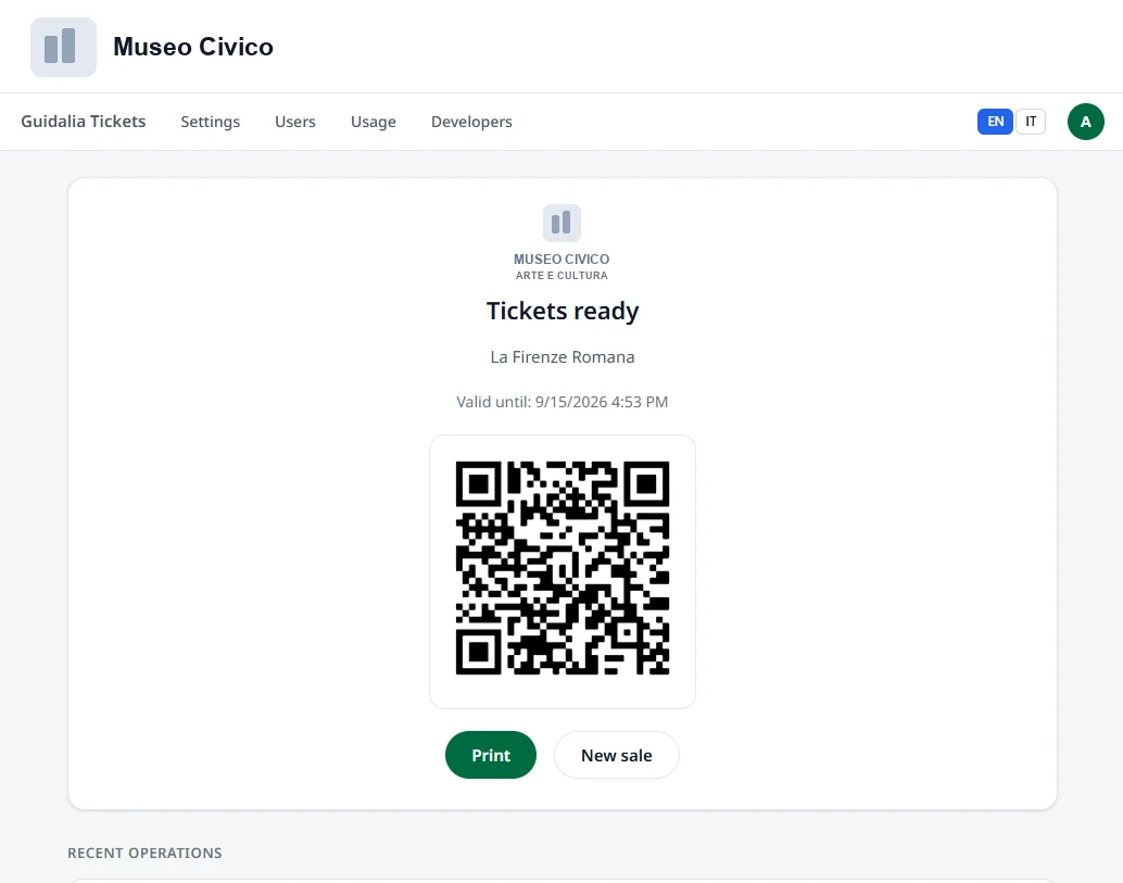 Guidalia Tickets showing a completed sale with the audio-guide QR code ready to print
